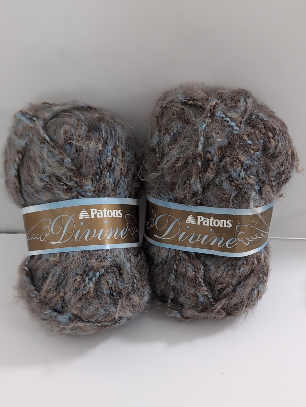 Patons Divine Brown & Blue Textured Yarn - 2 Skeins Riverbank Wool Mohair Blend